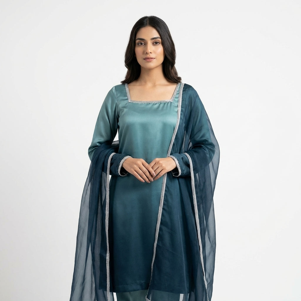 Tea Blue with Sea Green shade 3 Piece Silk Suit with medium silk Dupatta