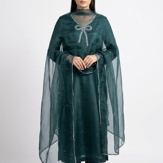 Elegant Emerald Green 3 Piece Suit with Organza Dupatta
