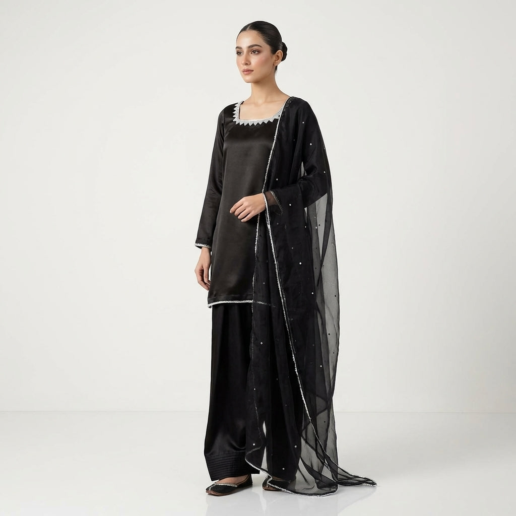 Midnight Black Silk Ensemble with Traditional Farshi Shalwar