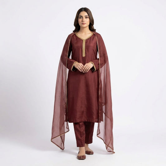 Maroon Raw Silk Stitched 3-Piece Suit