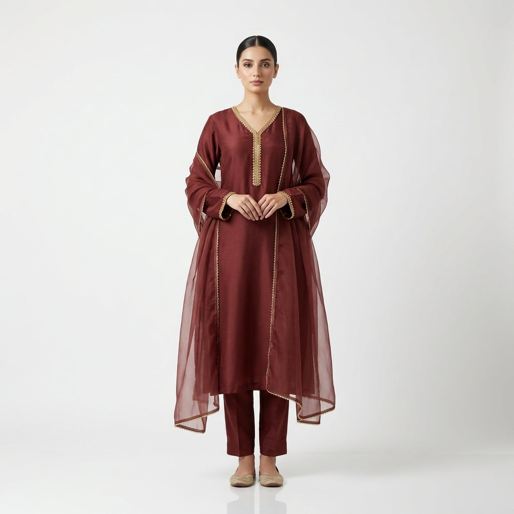 Maroon Raw Silk Stitched 3-Piece Suit