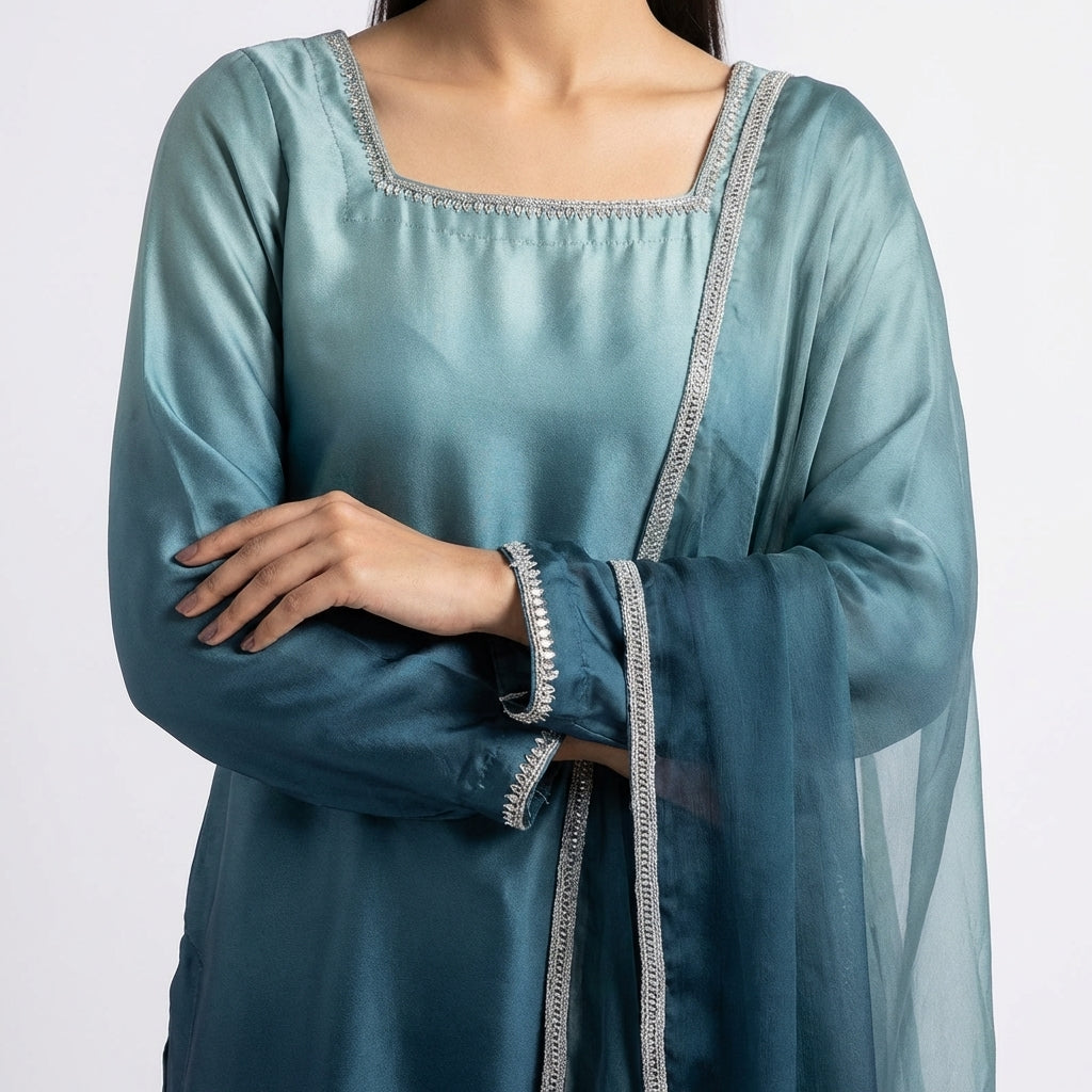 Tea Blue with Sea Green shade 3 Piece Silk Suit with medium silk Dupatta