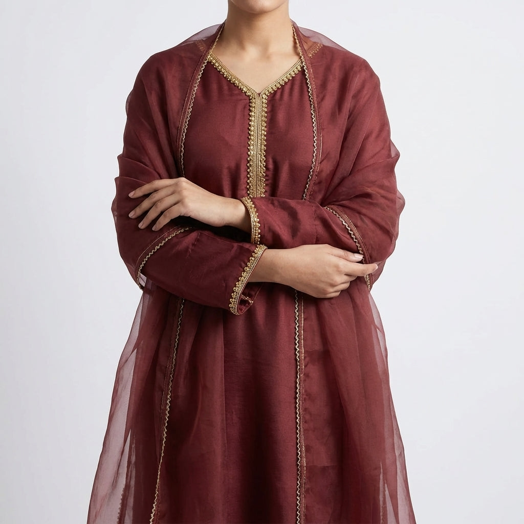 Maroon Raw Silk Stitched 3-Piece Suit