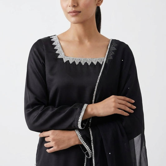 Midnight Black Silk Ensemble with Traditional Farshi Shalwar