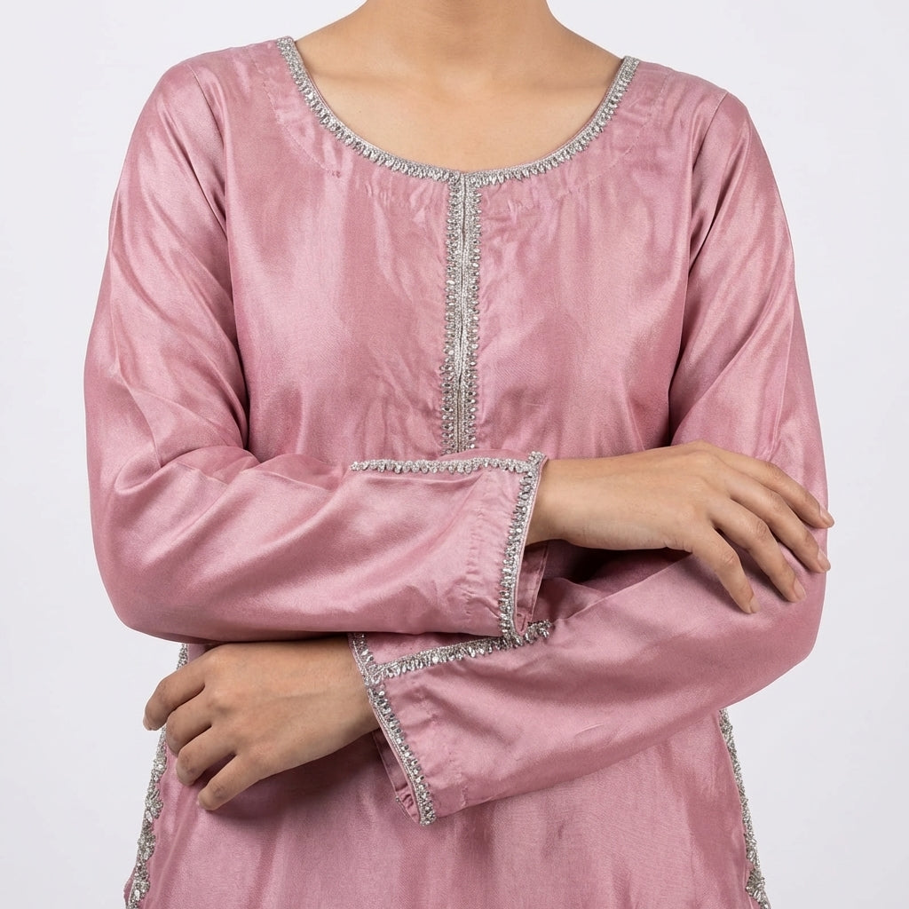 Elegant pink Raw Silk 3-Piece Suit with Embellished Neckline & Organza Dupatta