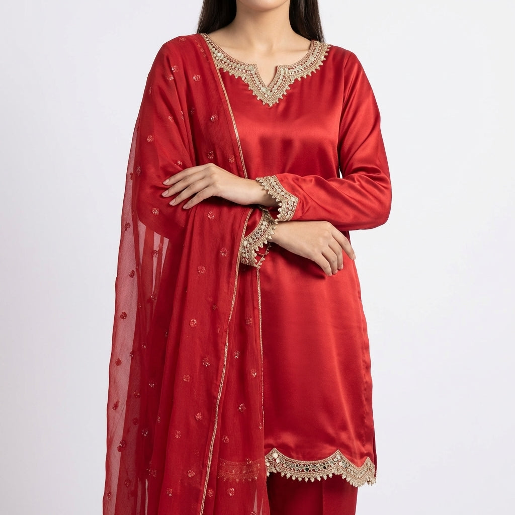 Vibrant Fresh Red Silk 3-Piece Suite – Golden lace and festive farshi Shalwar