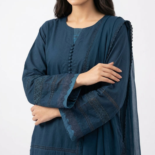 Elegant Teal Lawn 3 Piece Suit with Chiffon Dupatta