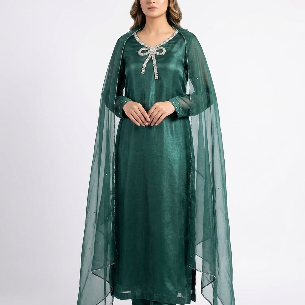 Elegant Emerald Green 3 Piece Suit with Organza Dupatta