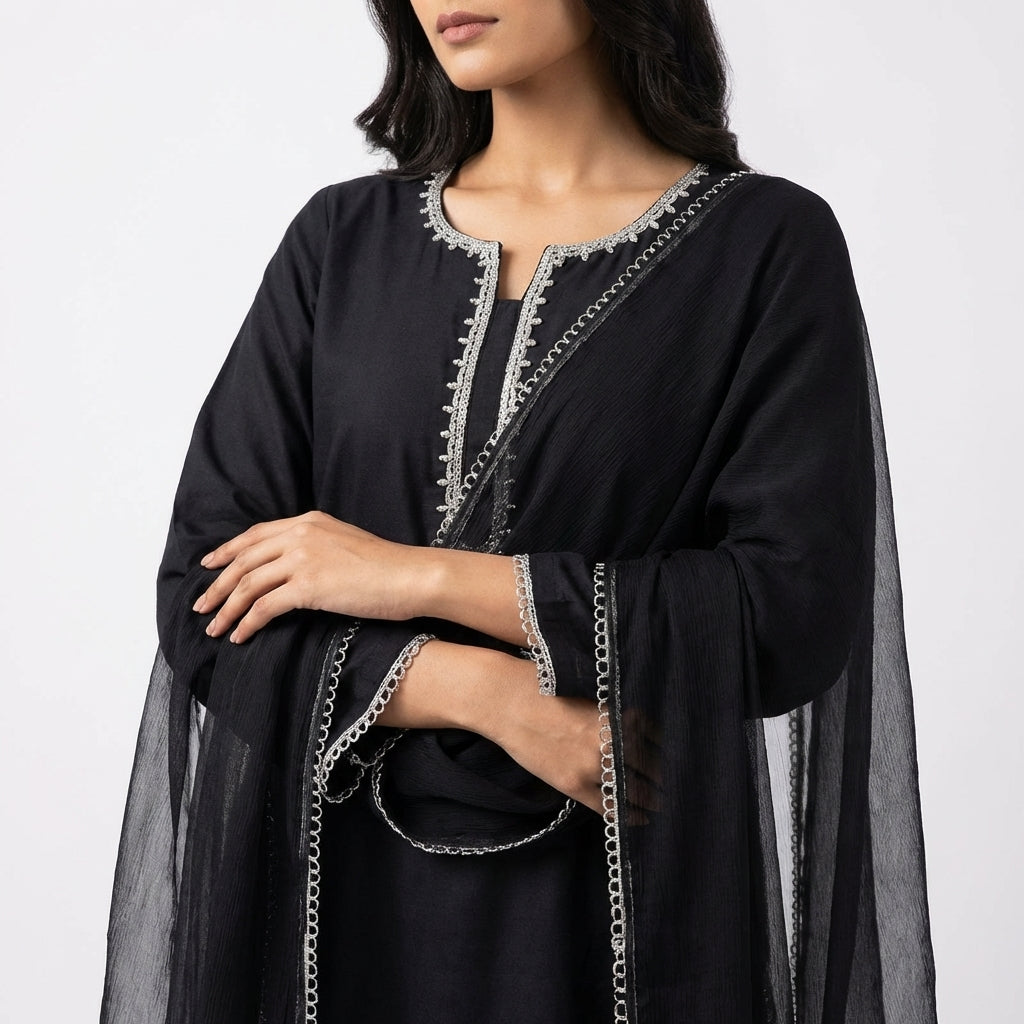 Noir Elegance 3-Piece Black Lawn Suit with Silver Lace & Chiffon Dupatta