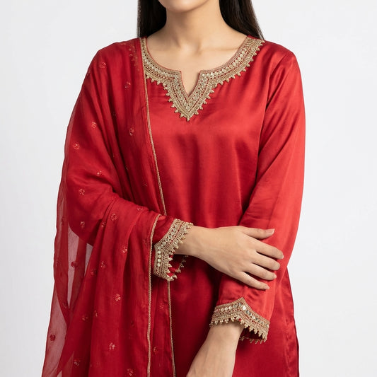 Vibrant Fresh Red Silk 3-Piece Suite – Golden lace and festive farshi Shalwar