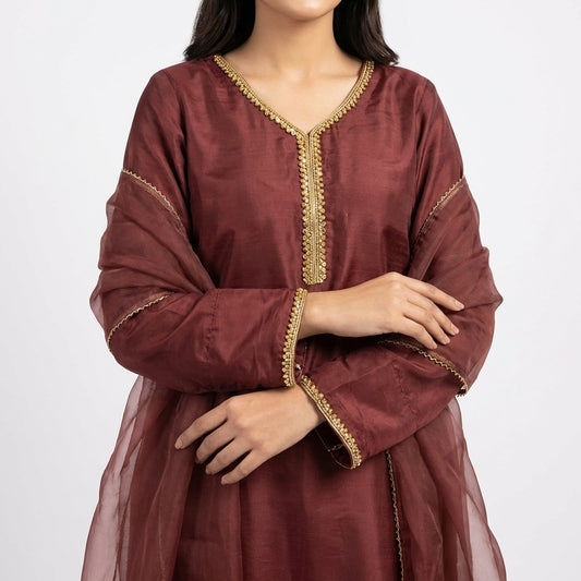 Maroon Raw Silk Stitched 3-Piece Suit