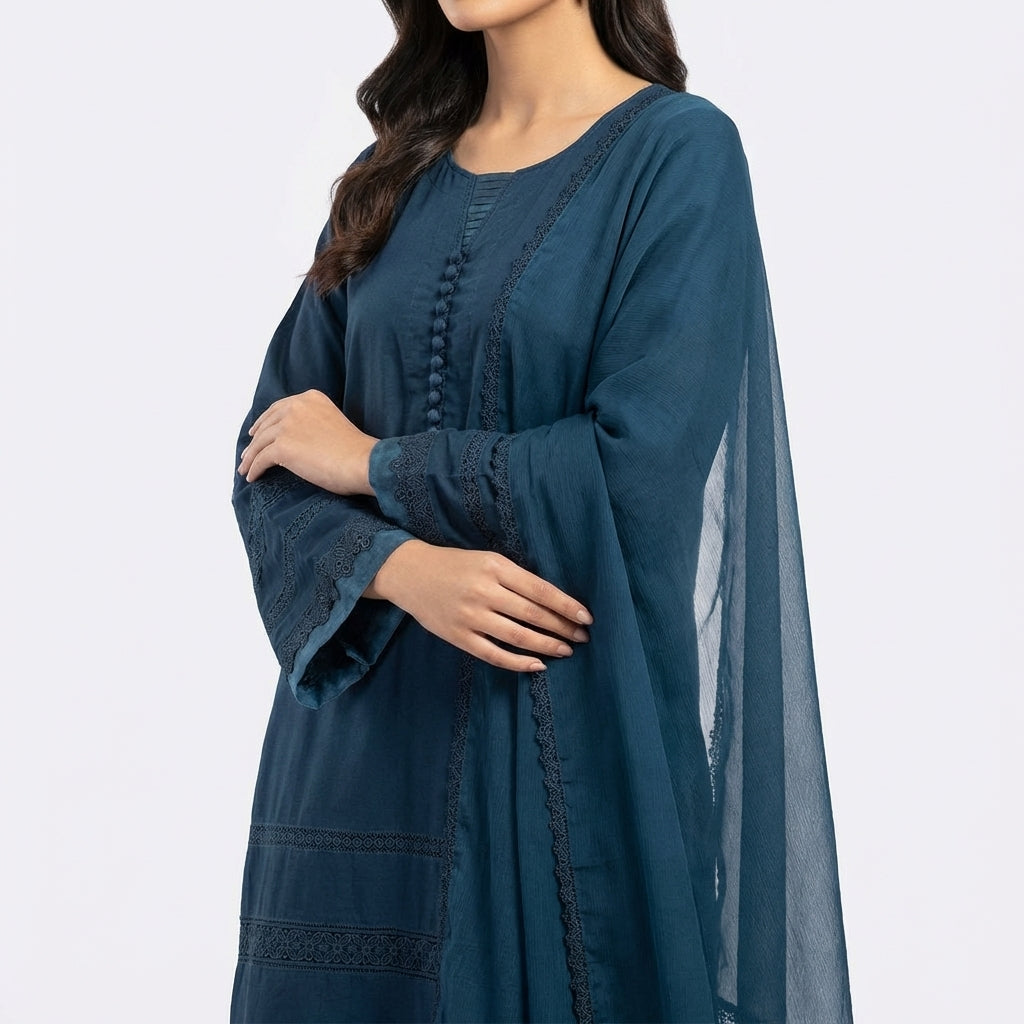 Elegant Teal Lawn 3 Piece Suit with Chiffon Dupatta