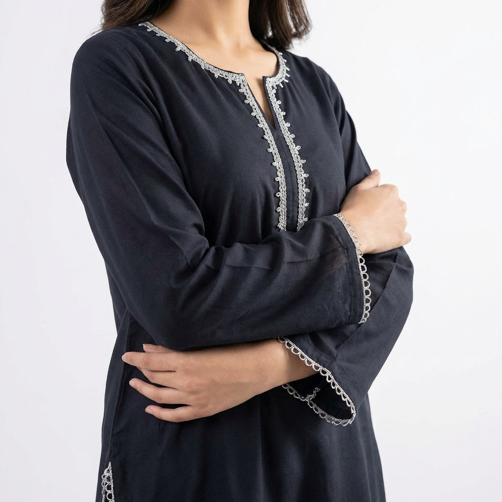 Noir Elegance 3-Piece Black Lawn Suit with Silver Lace & Chiffon Dupatta