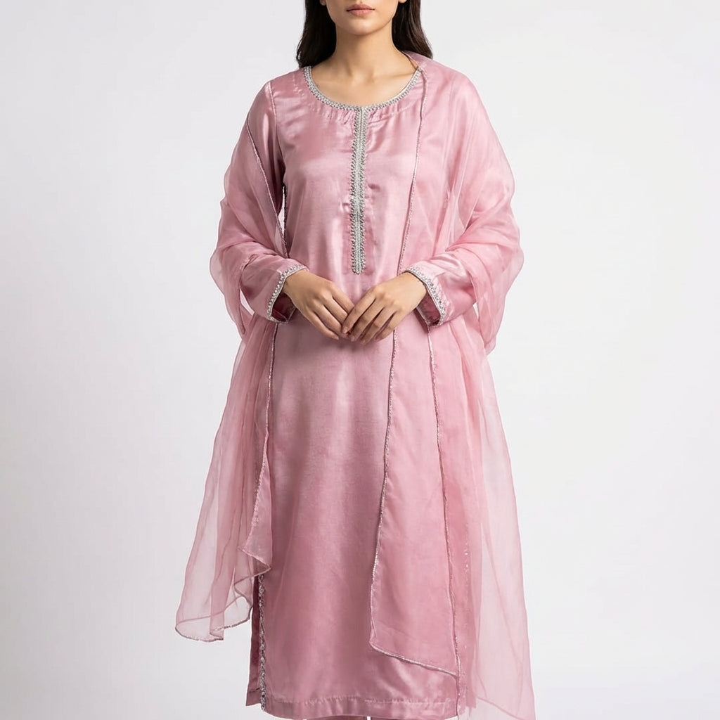Elegant pink Raw Silk 3-Piece Suit with Embellished Neckline & Organza Dupatta