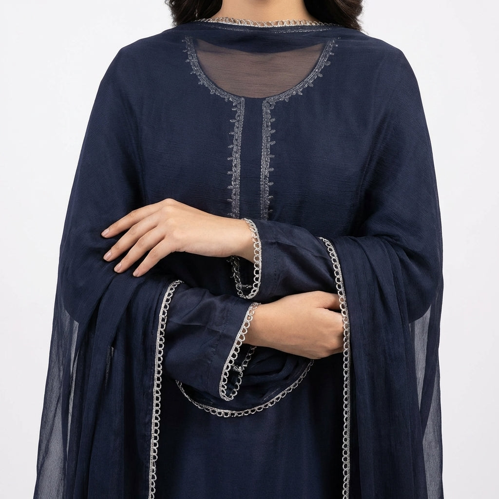 Noir Elegance 3-Piece Black Lawn Suit with Silver Lace & Chiffon Dupatta