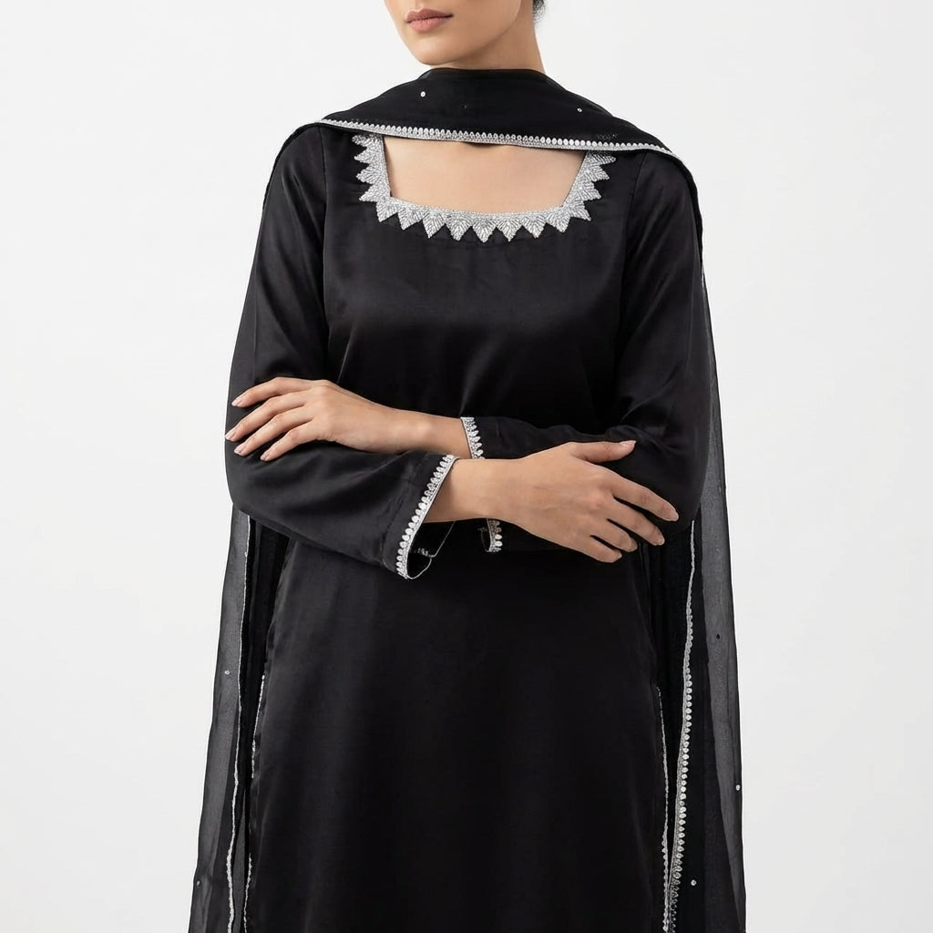 Midnight Black Silk Ensemble with Traditional Farshi Shalwar