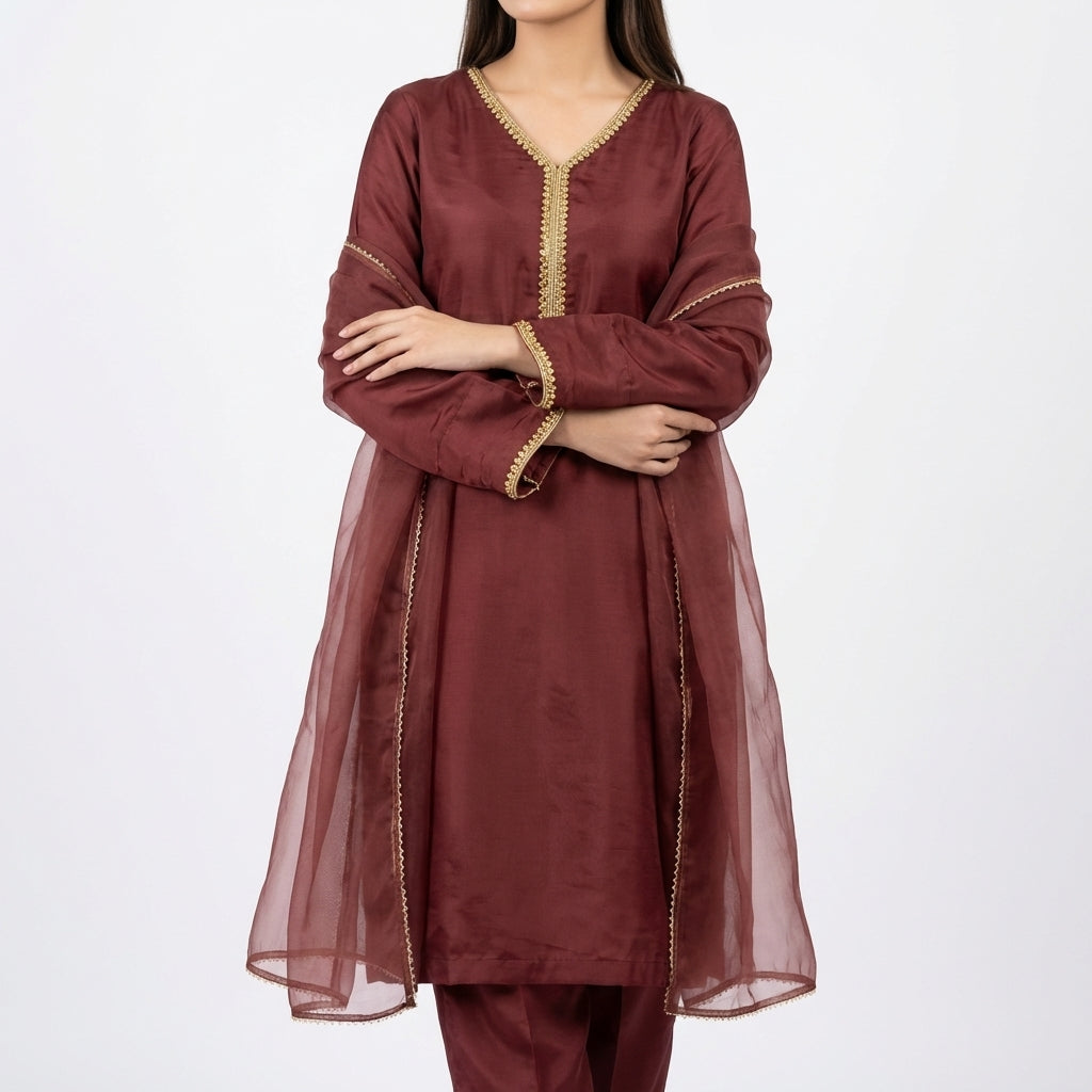 Maroon Raw Silk Stitched 3-Piece Suit