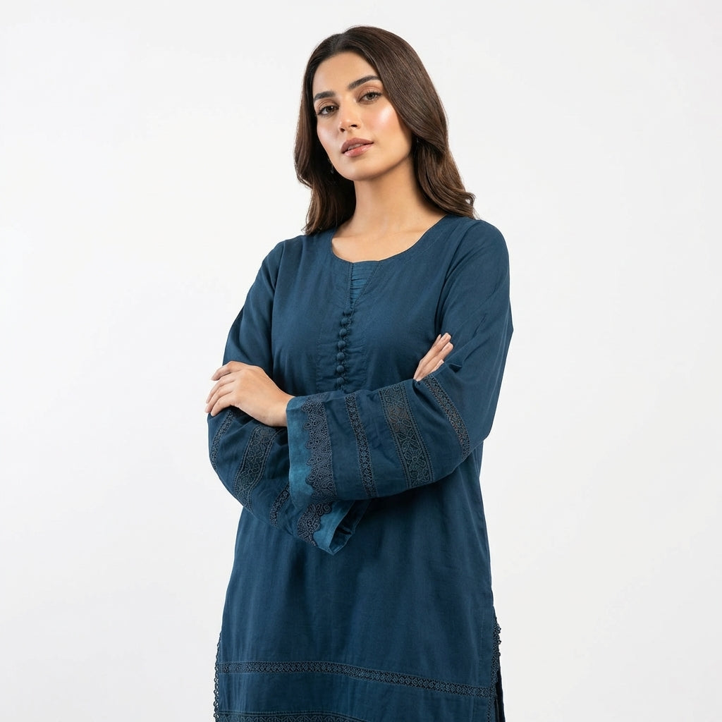 Elegant Teal Lawn 3 Piece Suit with Chiffon Dupatta