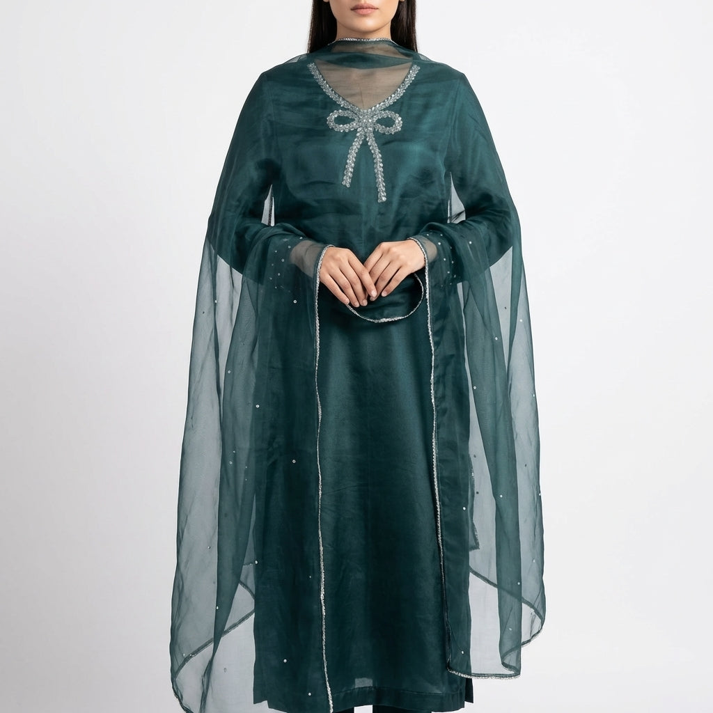 Elegant Emerald Green 3 Piece Suit with Organza Dupatta