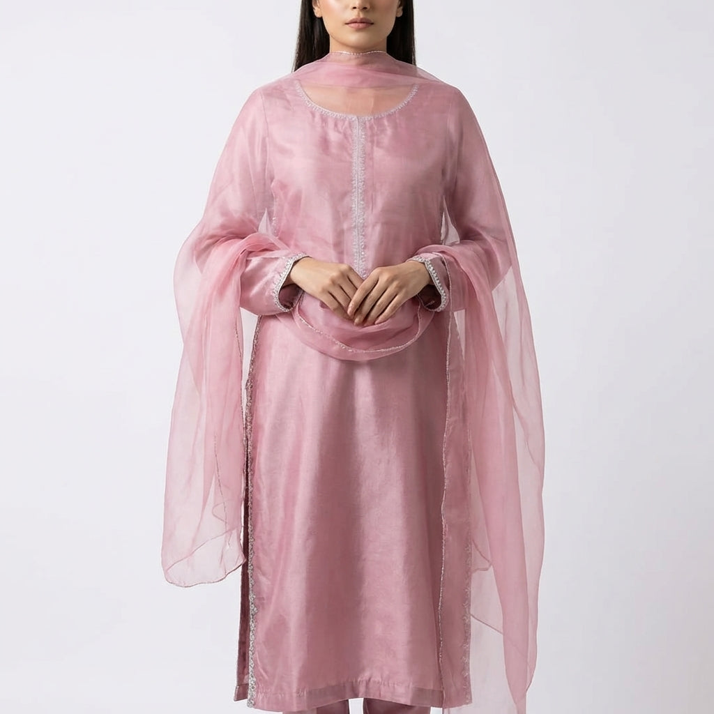 Elegant pink Raw Silk 3-Piece Suit with Embellished Neckline & Organza Dupatta
