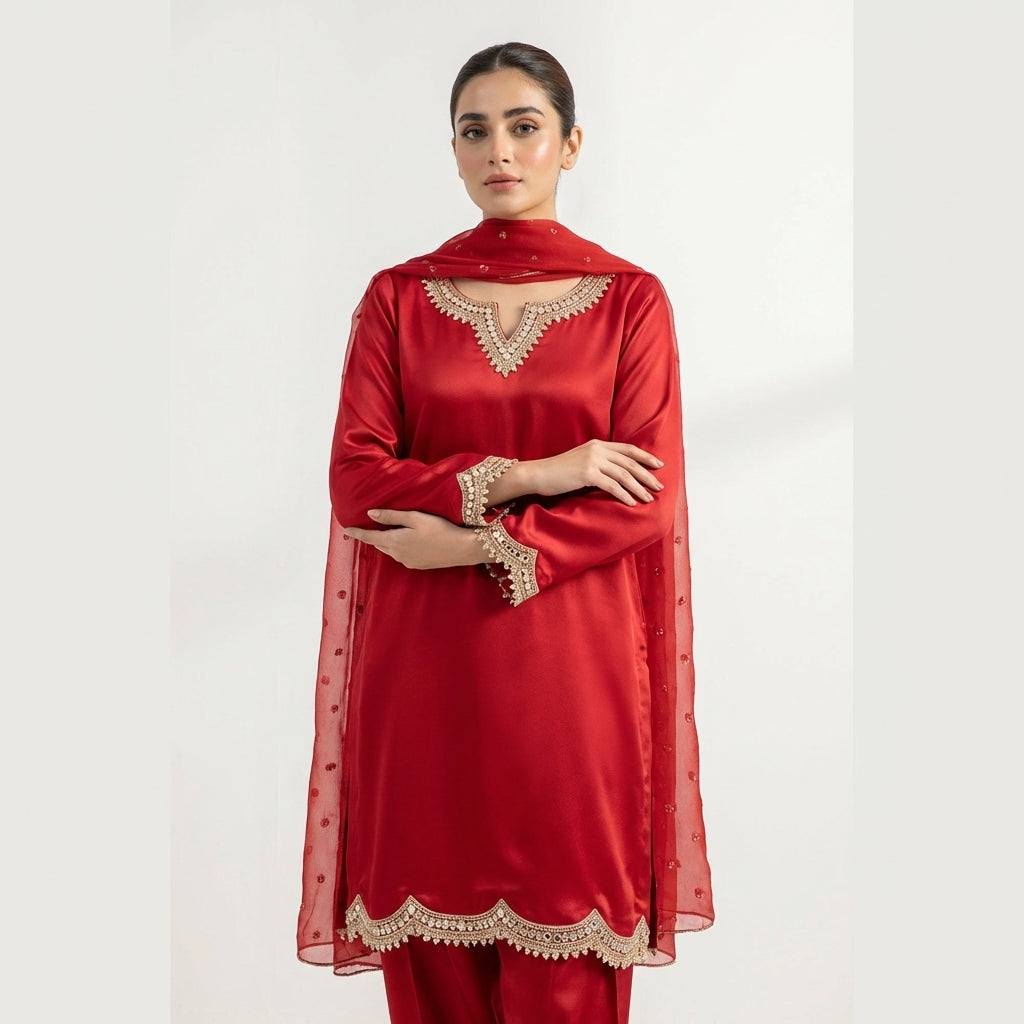 Vibrant Fresh Red Silk 3-Piece Suite – Golden lace and festive farshi Shalwar