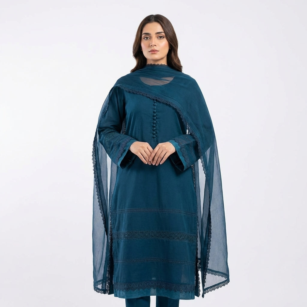 Elegant Teal Lawn 3 Piece Suit with Chiffon Dupatta