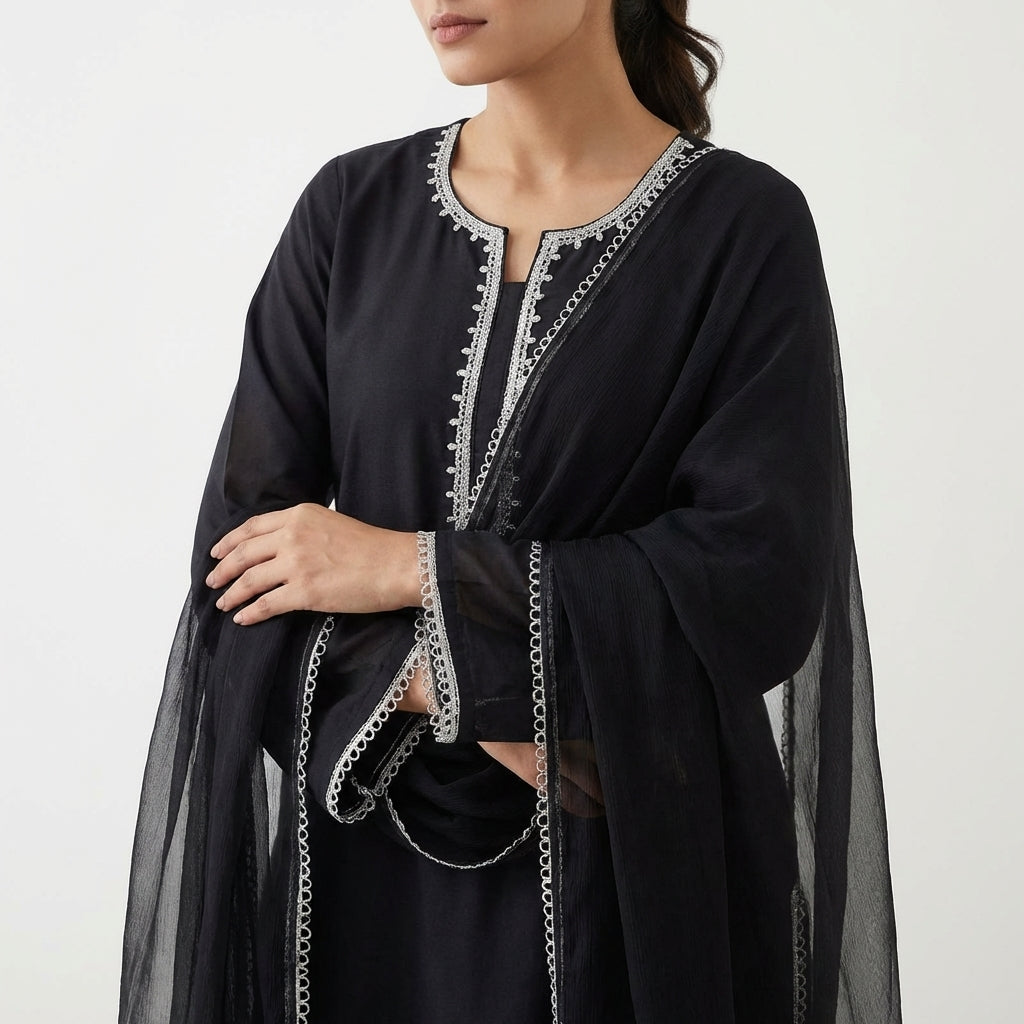 Noir Elegance 3-Piece Black Lawn Suit with Silver Lace & Chiffon Dupatta
