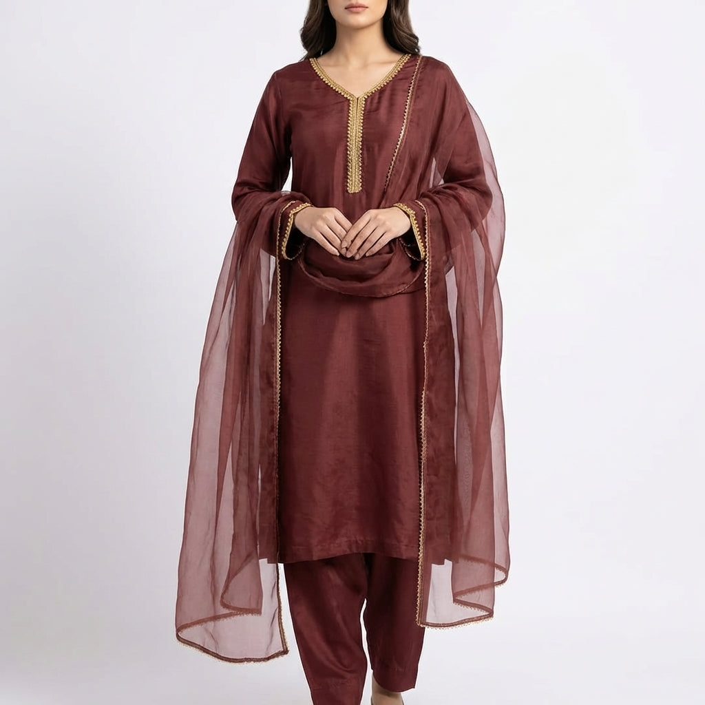 Maroon Raw Silk Stitched 3-Piece Suit