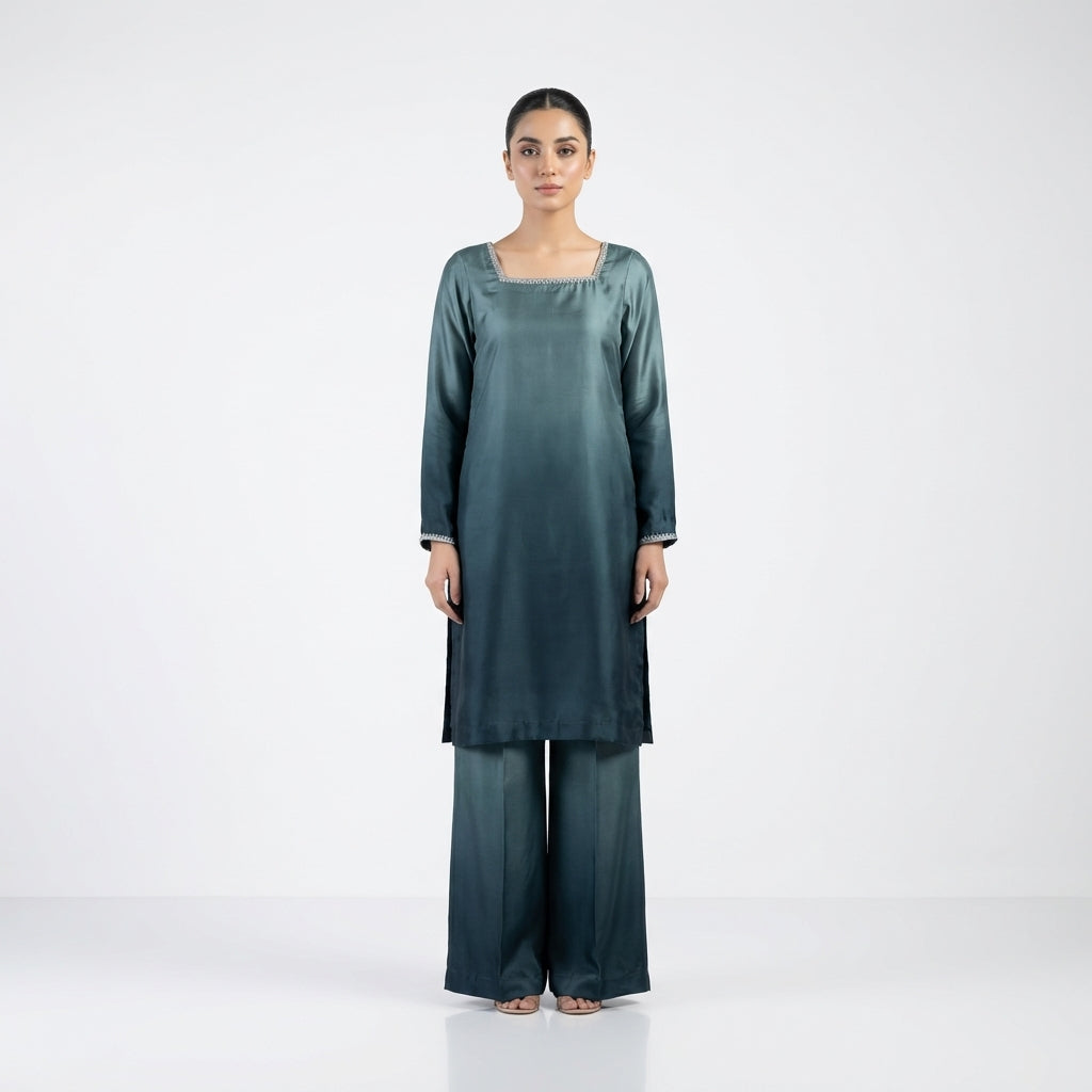 Tea Blue with Sea Green shade 3 Piece Silk Suit with medium silk Dupatta