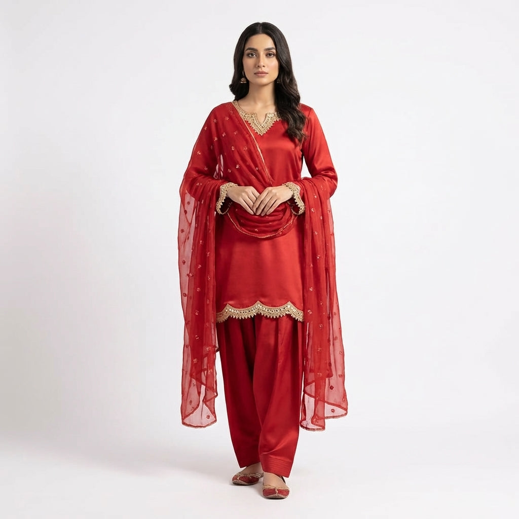 Vibrant Fresh Red Silk 3-Piece Suite – Golden lace and festive farshi Shalwar