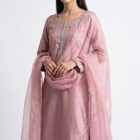 Elegant pink Raw Silk 3-Piece Suit with Embellished Neckline & Organza Dupatta