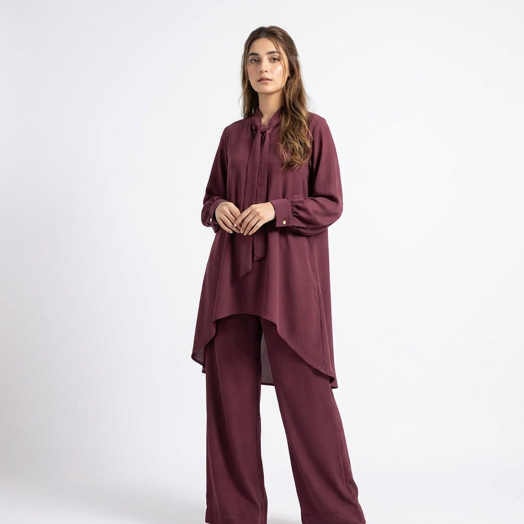 Maroon Tie-Neck Co-ord