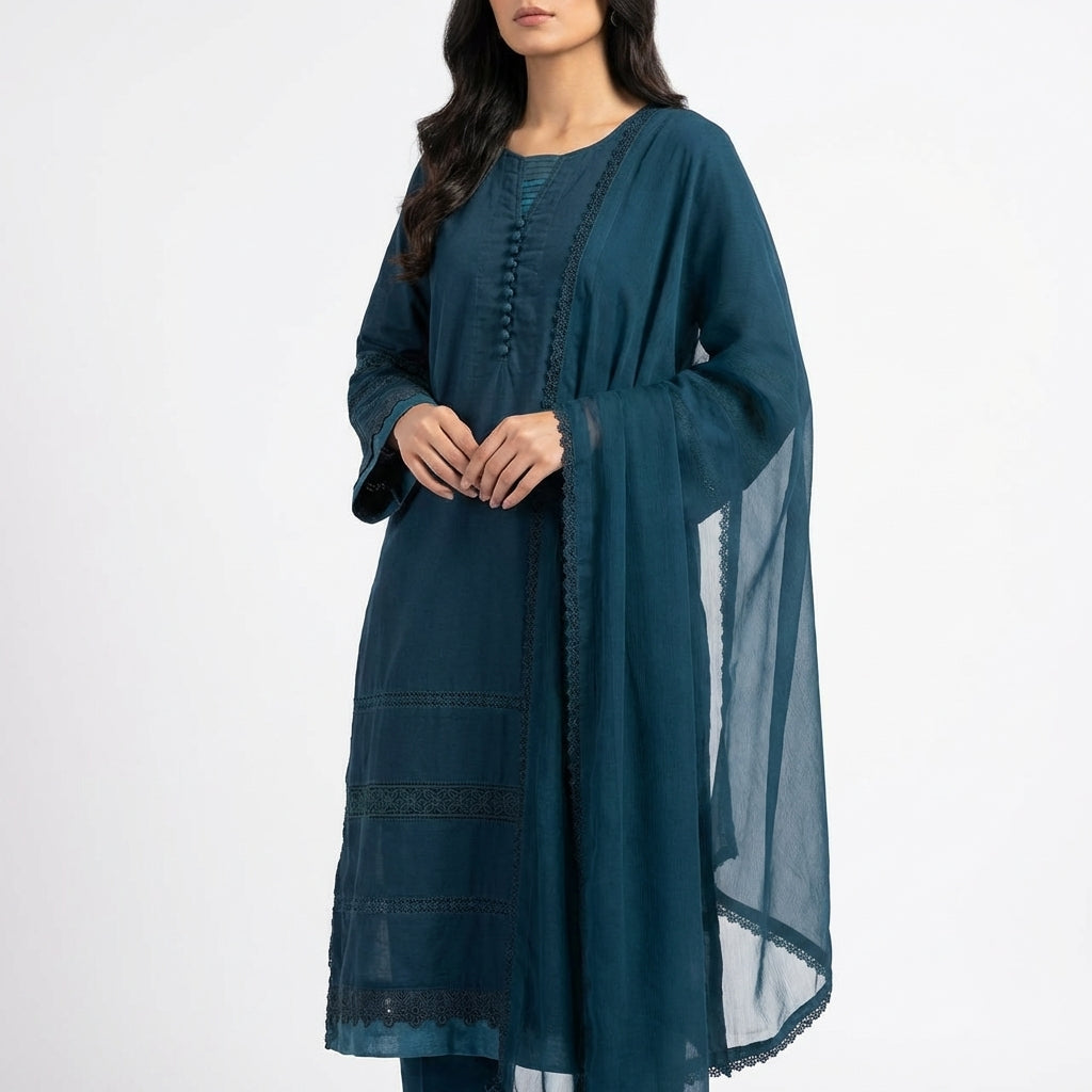 Elegant Teal Lawn 3 Piece Suit with Chiffon Dupatta