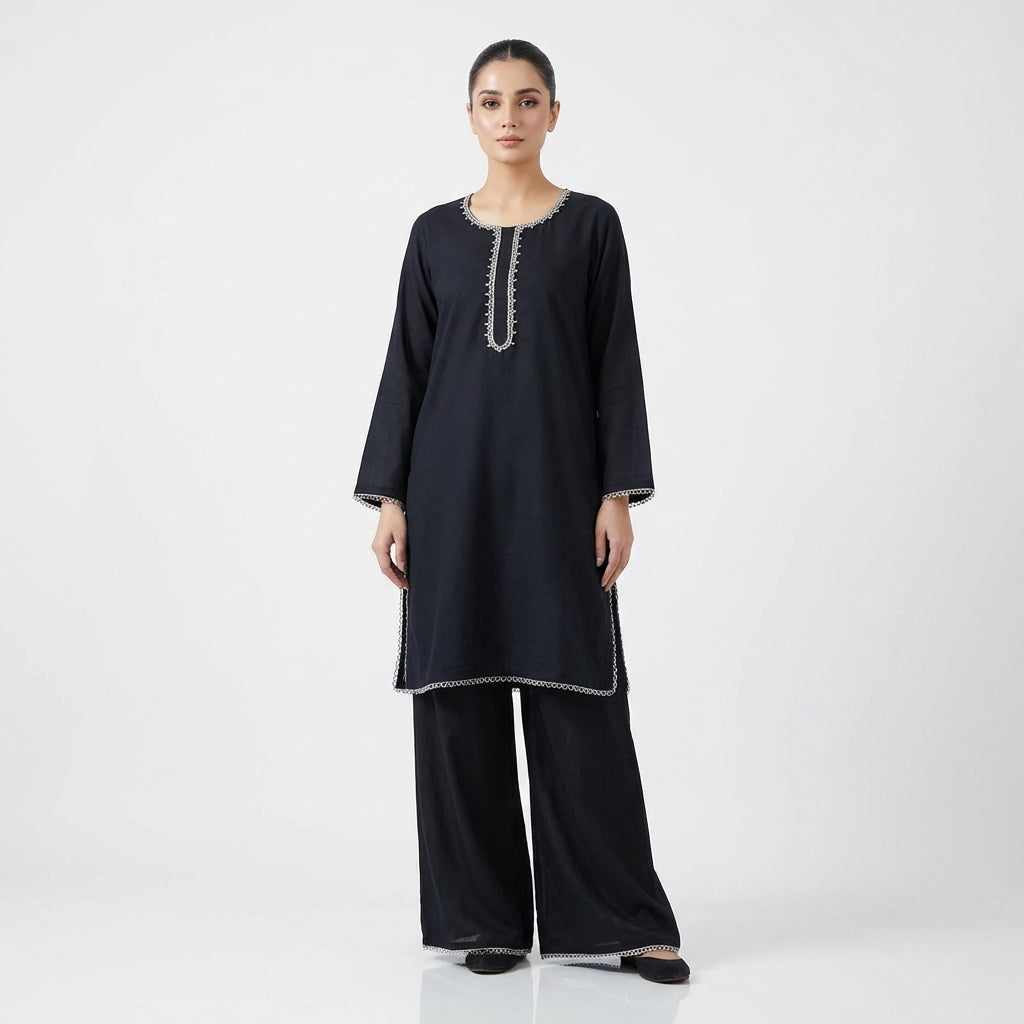 Noir Elegance 3-Piece Black Lawn Suit with Silver Lace & Chiffon Dupatta