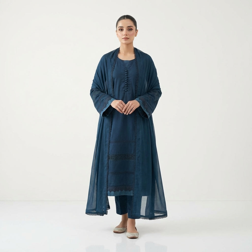 Elegant Teal Lawn 3 Piece Suit with Chiffon Dupatta