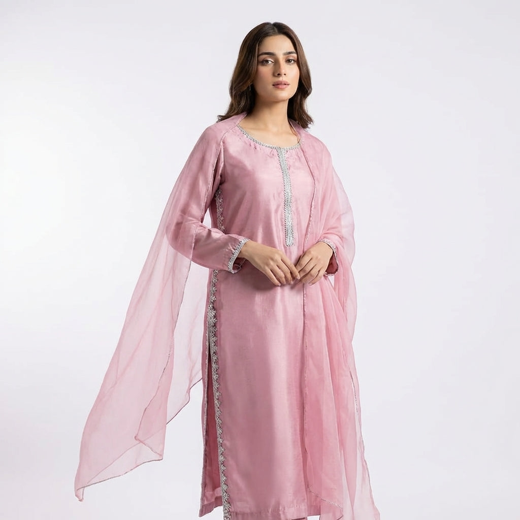 Elegant pink Raw Silk 3-Piece Suit with Embellished Neckline & Organza Dupatta