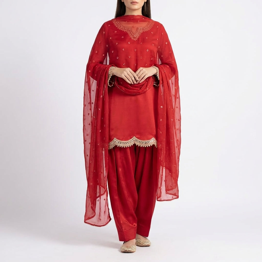 Vibrant Fresh Red Silk 3-Piece Suite – Golden lace and festive farshi Shalwar