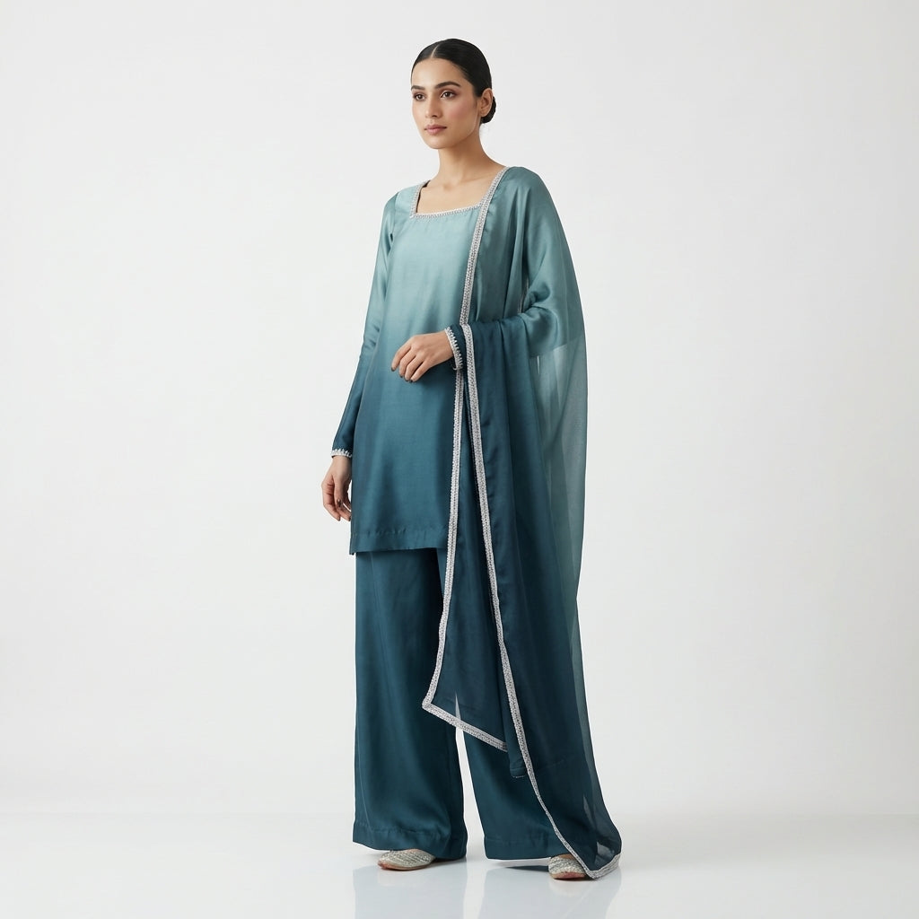 Tea Blue with Sea Green shade 3 Piece Silk Suit with medium silk Dupatta