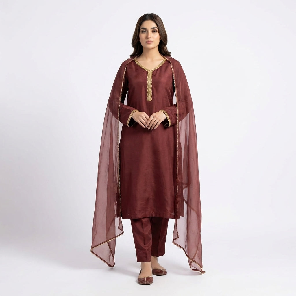 Maroon Raw Silk Stitched 3-Piece Suit
