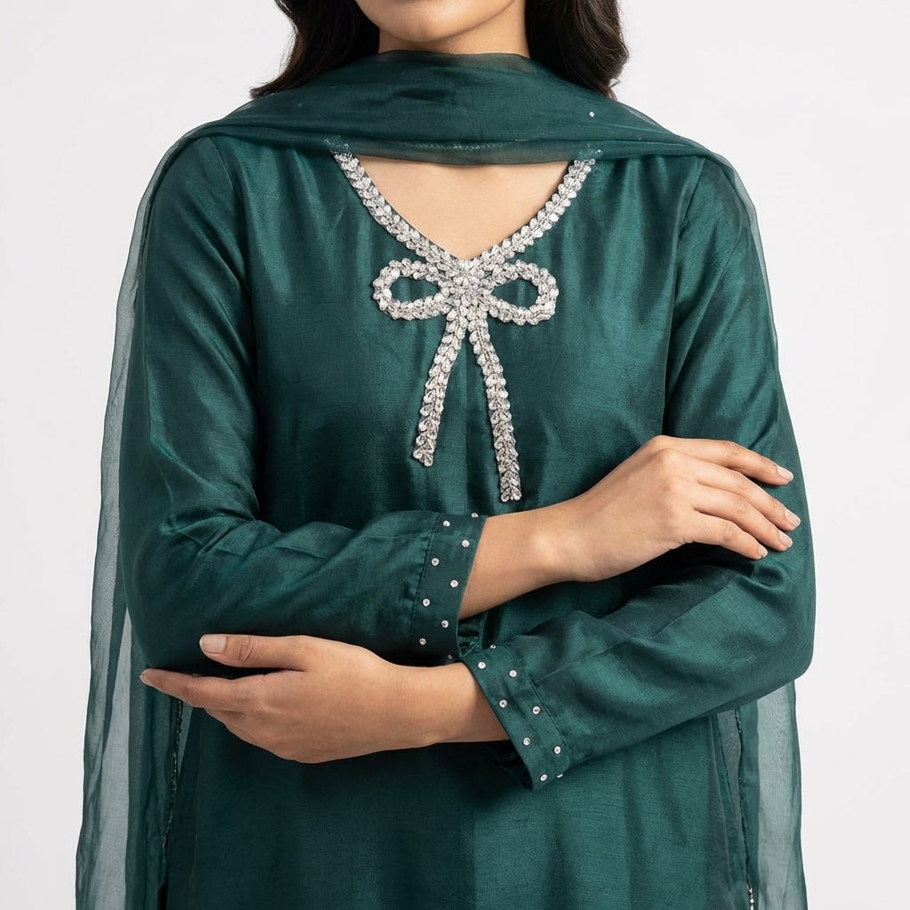 Elegant Emerald Green 3 Piece Suit with Organza Dupatta