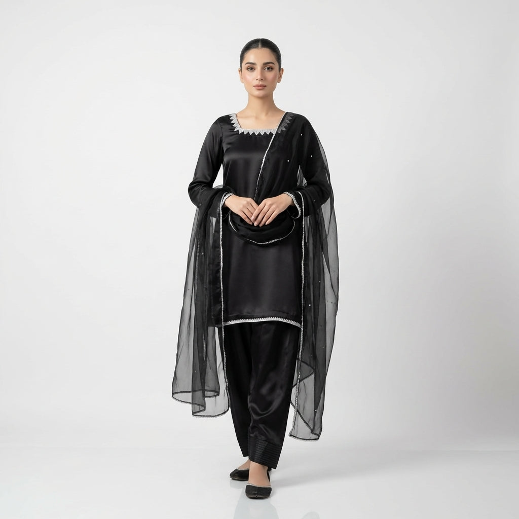 Midnight Black Silk Ensemble with Traditional Farshi Shalwar