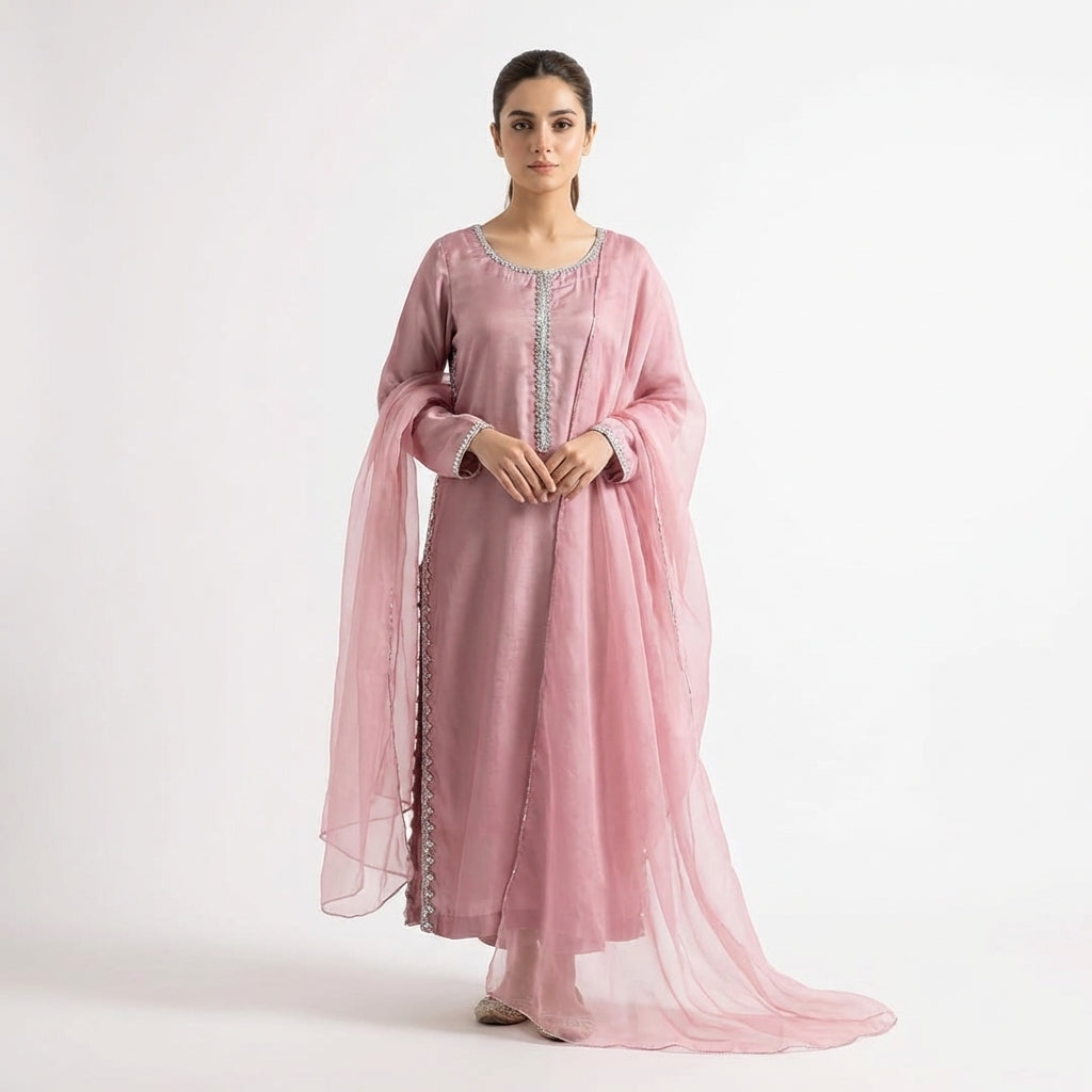 Elegant pink Raw Silk 3-Piece Suit with Embellished Neckline & Organza Dupatta