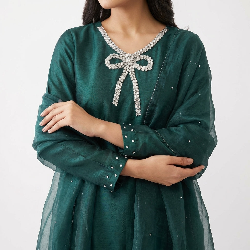 Elegant Emerald Green 3 Piece Suit with Organza Dupatta