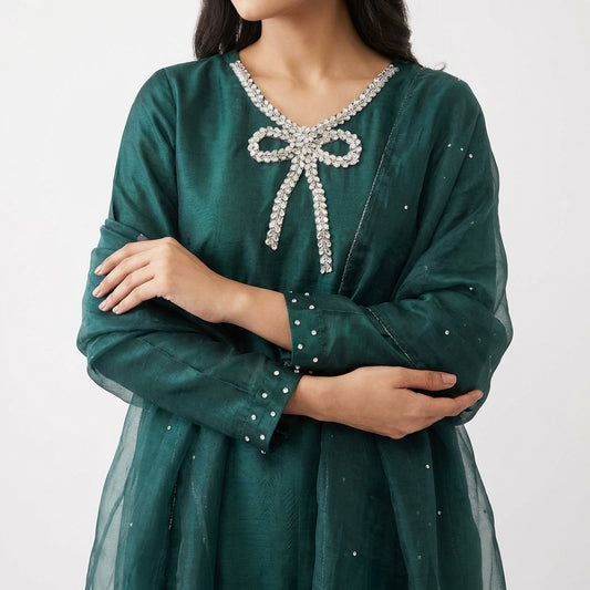 Elegant Emerald Green 3 Piece Suit with Organza Dupatta