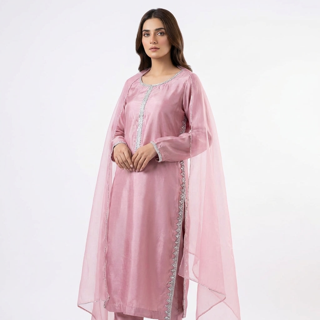 Elegant pink Raw Silk 3-Piece Suit with Embellished Neckline & Organza Dupatta