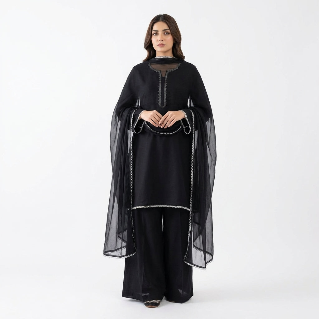 Noir Elegance 3-Piece Black Lawn Suit with Silver Lace & Chiffon Dupatta
